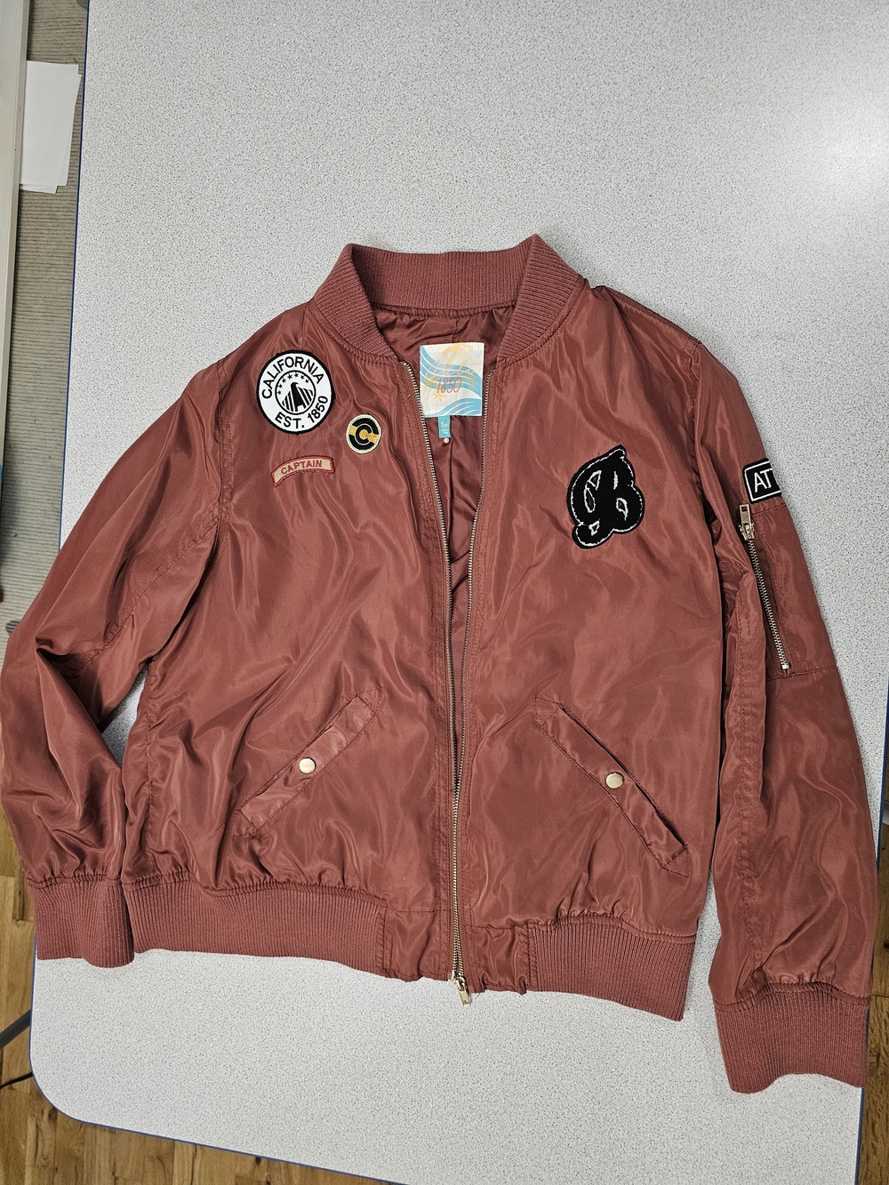 Cali1850 Rust Red Women's Bomber Jacket with Patch Details